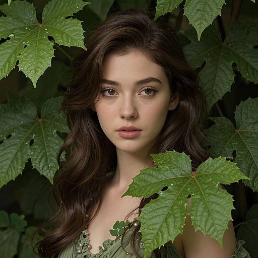 Elegant Fantasy Woman in Green Leaves