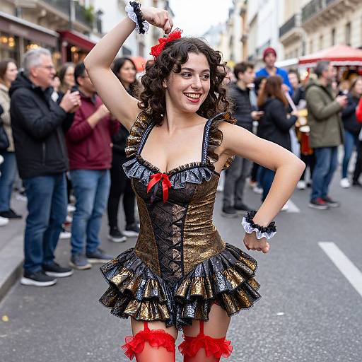 Photograph of a curly-haired woman in a gold and black corset, frilled skirt, red bow, wrist cuffs, and red thigh-high stockings