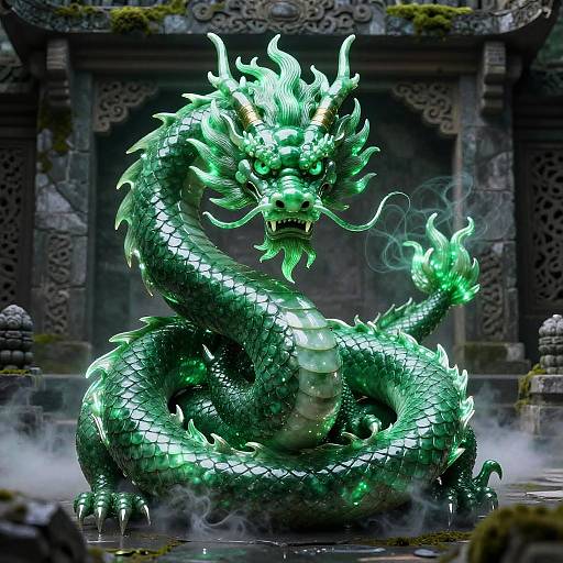 Photorealistic digital art of a glowing green, serpentine dragon with fiery eyes and intricate scales, coiled menacingly in an ancient, moss