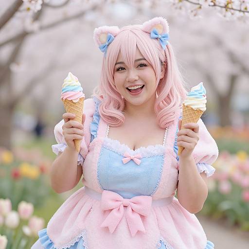 Photograph of a smiling Asian woman with pink hair, cat ears, and blue bows, wearing a pastel blue and pink dress, holding two ice