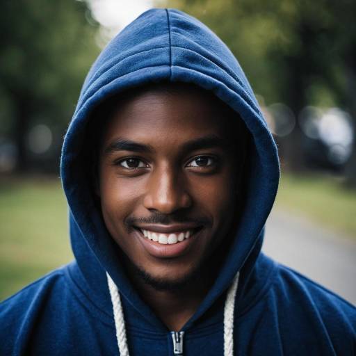 Smiling Dark-Skinned Man in Blue Hoodie Outdoors