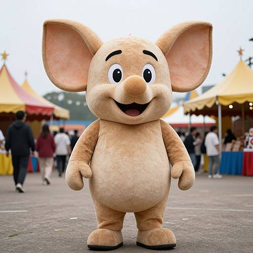 Photograph of a smiling, tan, cartoon-style mouse mascot with large ears, standing in a bustling outdoor fair with colorful tents and blurred people in the