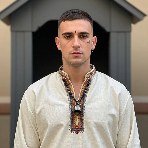 Photograph of a serious, short-haired man with a dark star tattoo on his right cheek, wearing a white embroidered traditional shirt, standing in front of