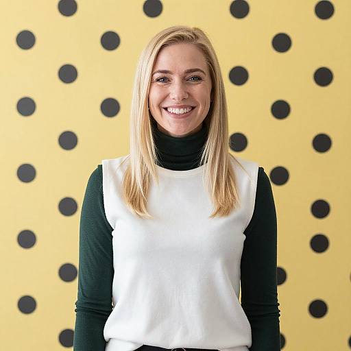 Smiling Blonde Woman with Polka Dot Background