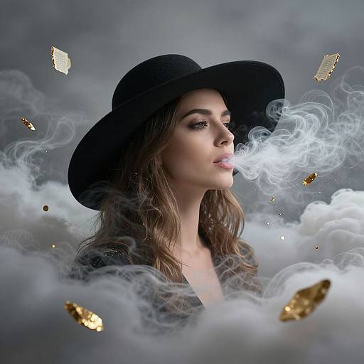 Photograph-style digital art of a woman with long brown hair, black hat, exhaling white smoke, surrounded by gray clouds and floating gold coins.