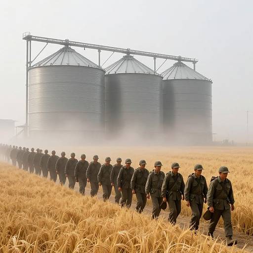Photograph of a line of soldiers in black uniforms and helmets walking through a golden wheat field, leading to large, metallic silos with a misty