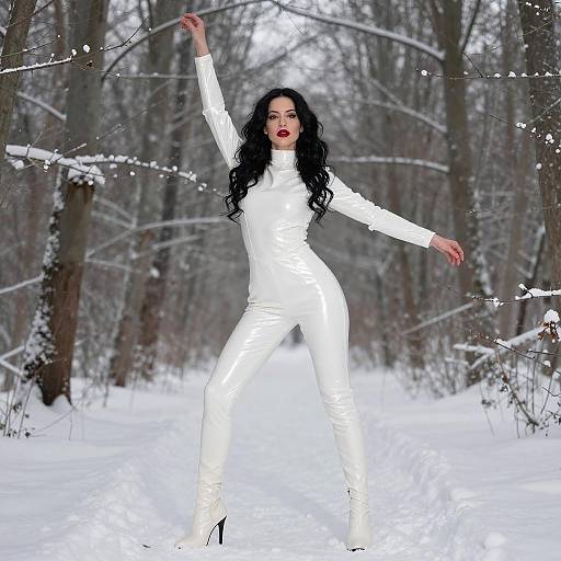 Photograph of a pale-skinned woman with long black curly hair, wearing a tight white leather jumpsuit and high heels, dancing in a snowy forest