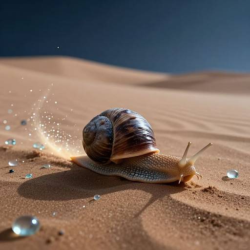 Photograph of a striped snail on sunlit sand, with water droplets sparkling around it, set against a deep blue sky.