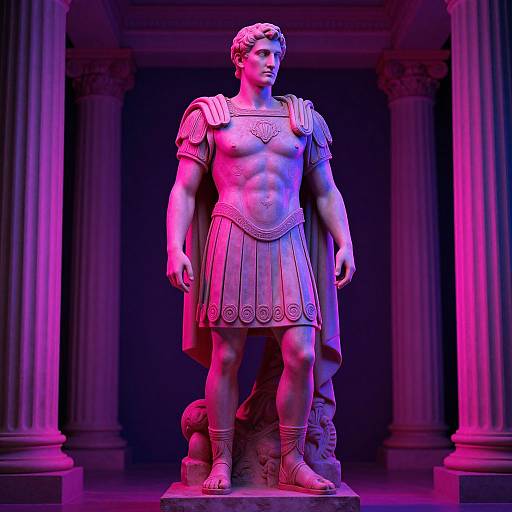 Digital 3D rendering of a muscular, ancient Roman-style statue with detailed armor, standing between columns, illuminated by pink and purple lights.