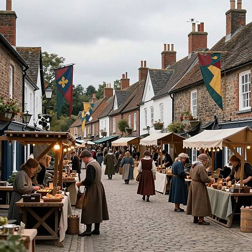 Photograph of a bustling medieval-style outdoor market street with vendors, customers, brick cottages, colorful flags, and wooden stalls under white canopies.