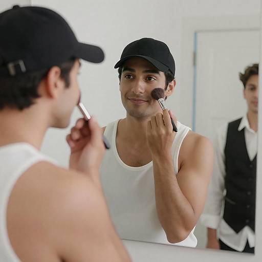 Man Applying Makeup in Mirror Reflection