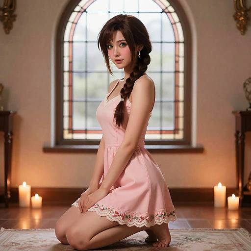 Candlelit Aerith Kneeling in Pink Dress