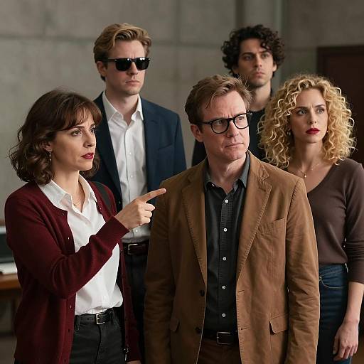 Group of five people with intense expressions indoors