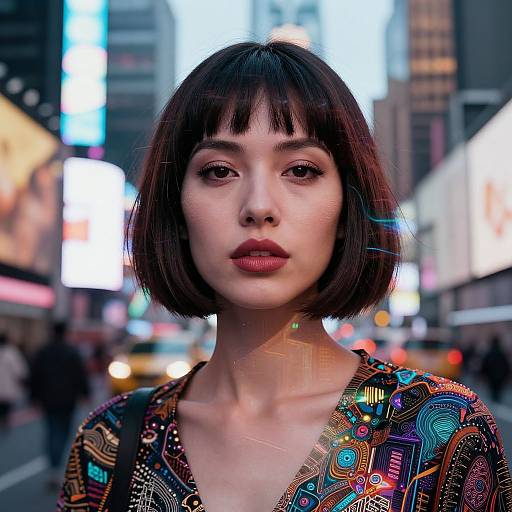 Photograph of an Asian woman with a bob haircut, wearing a colorful, patterned blouse, standing in a bright, busy urban street at night.