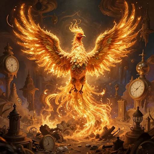 Digital illustration of a fiery phoenix with blazing orange and yellow wings, standing amidst clock towers and debris in a smoky, apocalyptic background.