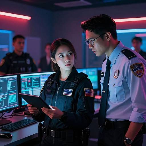 Photograph of an Asian woman in a black tactical vest and an Asian man in a police uniform, both focused on a tablet in a dimly lit
