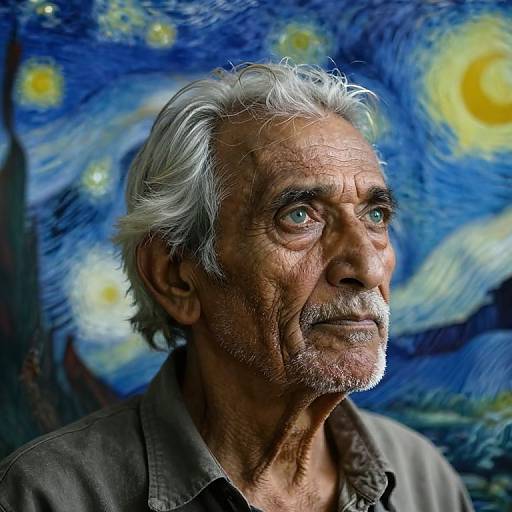 Photograph of an elderly man with gray hair and beard, set against a vibrant, detailed replica of Van Gogh's 