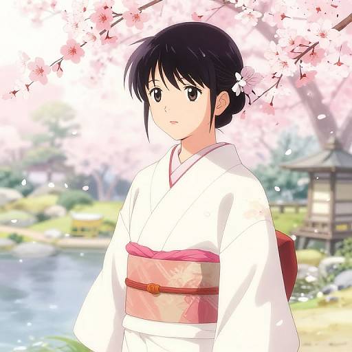Serene Anime Kimono with Cherry Blossoms