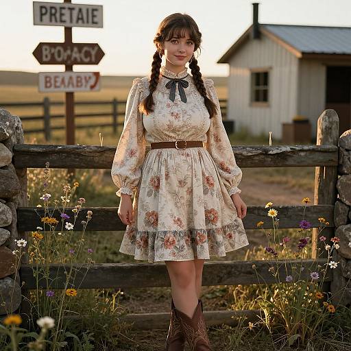 Photograph of a young woman with braided hair in a floral dress and brown boots, standing in front of a rustic wooden fence, with a 