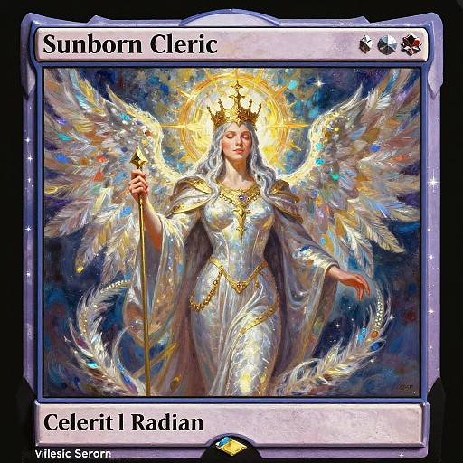 Digital card artwork of Sunborn Cleric with glowing halo, golden crown, white robe, and radiant blue-and-gold wings, labeled 