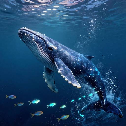 Photograph of a massive blue whale swimming underwater, surrounded by small, glowing blue fish, with light filtering through the deep ocean.