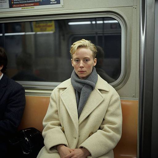 Photograph of a young blonde woman with fair skin, wearing a beige coat and gray scarf, sitting on a subway bench, looking serious. Background: