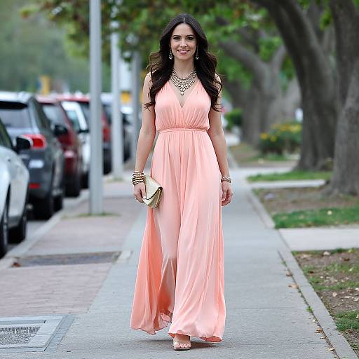 Photograph of a smiling woman with long dark hair in a flowing, peach-colored maxi dress, holding a beige clutch, walking on a suburban street with