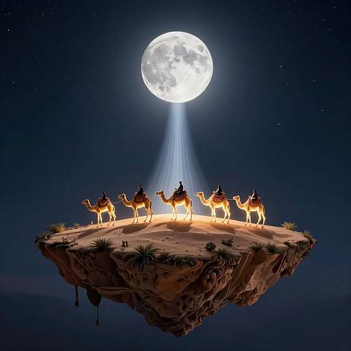 Digital art of a full moon illuminating a floating desert island with a solitary figure and six camels, surrounded by a starry night sky.
