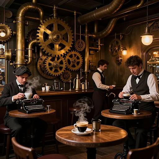 Vintage steampunk café: Two men in black vests and bowler hats type on antique typewriters, with steaming coffee cups and large gears