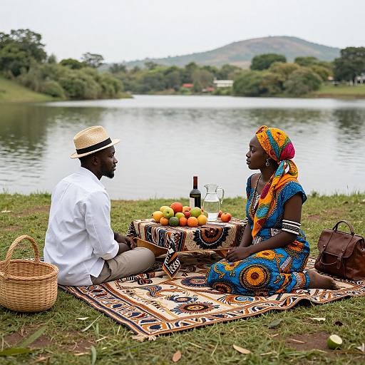 Photograph of Black couple sitting on patterned blanket by lake, wearing white shirt and colorful dress, with basket, fruit, and wine.