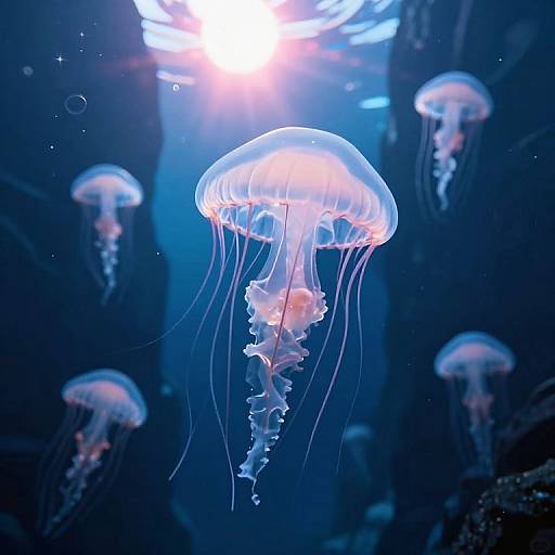 Photograph of glowing jellyfish with translucent, umbrella-like bodies and long, flowing tentacles in a dark, underwater blue environment, illuminated by a bright