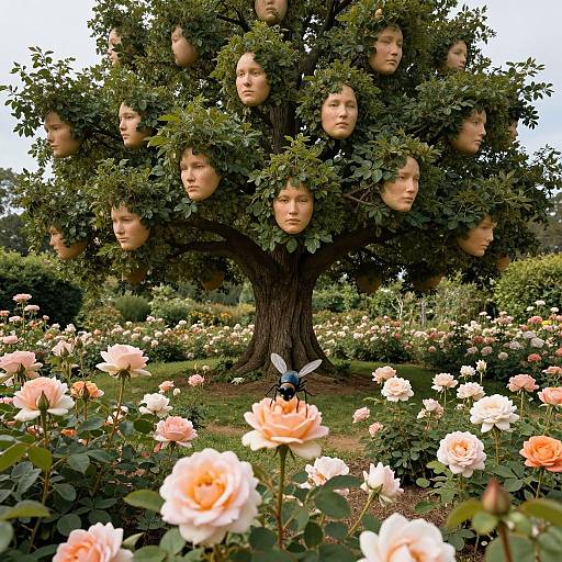 Photograph of a surreal tree with numerous human faces among lush green leaves, standing in a rose garden with pink and white roses, a small blue butterfly