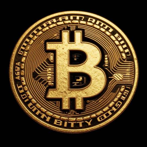 Golden Bitcoin logo with intricate circuit patterns and text 