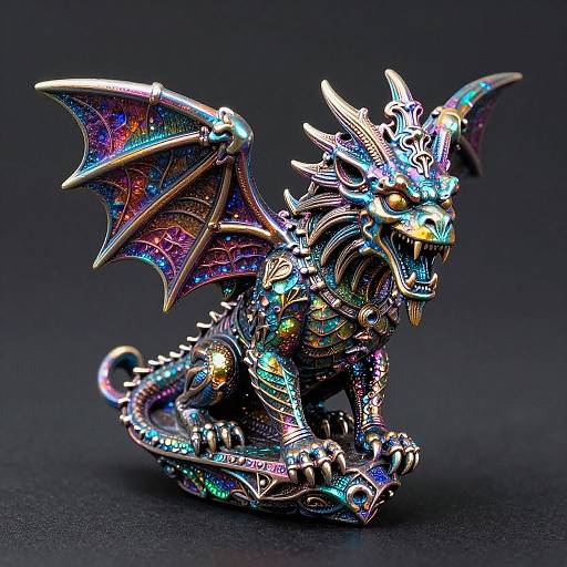 Photograph of a vibrant, metallic dragon sculpture with iridescent wings, intricate detailing, and colorful, glowing accents against a black background.
