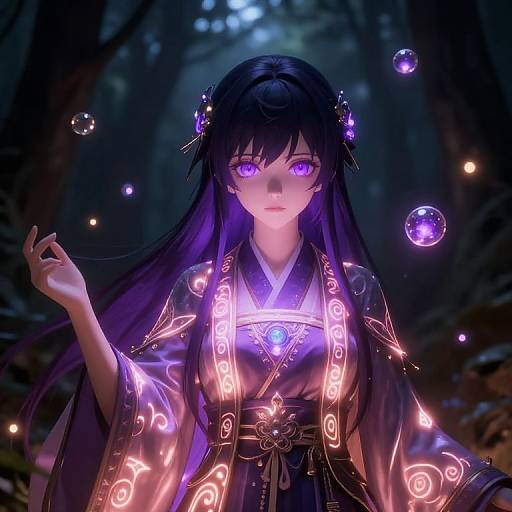 Digital anime-style artwork of a purple-eyed, long-haired girl in a glowing, black kimono with neon patterns, surrounded by floating purple bubbles in a