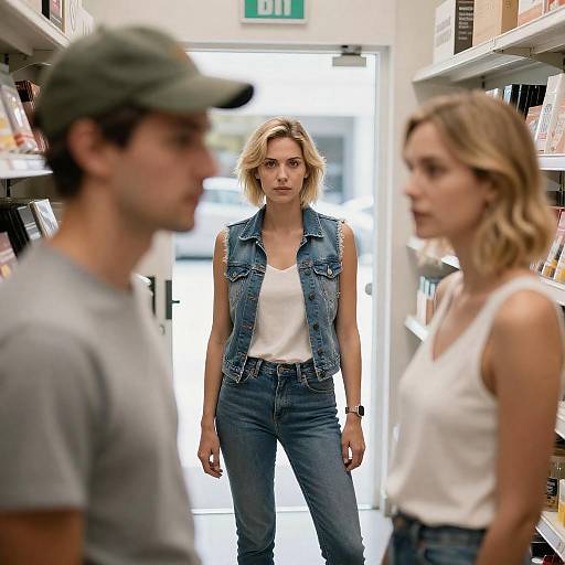 Casual Store Scene with Intense Gaze