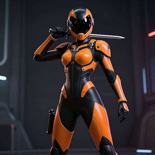 CGI image of a sleek, black-and-orange armored female warrior with a glossy helmet, holding a knife, standing confidently in a dimly lit futuristic