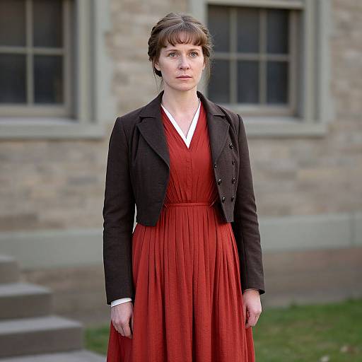 Photograph of a fair-skinned woman with brown hair in a red dress and black blazer, standing in front of a stone building with window pan