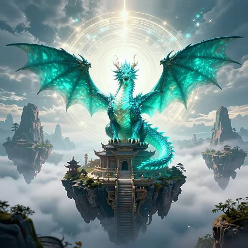 Digital fantasy artwork: Majestic turquoise dragon with glowing wings stands on a floating temple, surrounded by misty clouds and rocky islands. Bright sunlight forms a