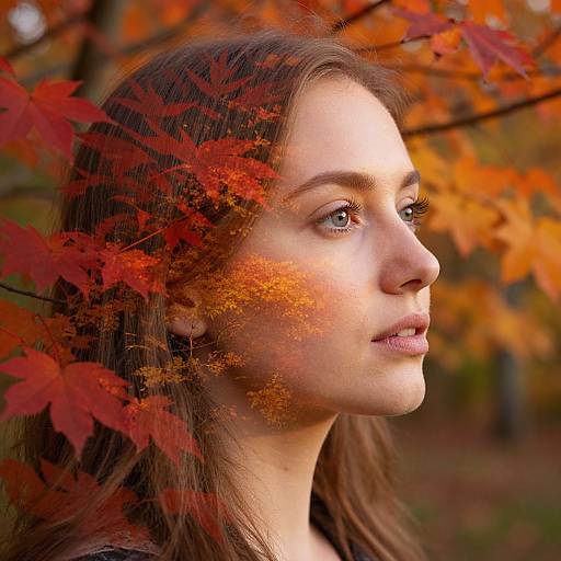 Photograph of a young woman with fair skin and brown hair, surrounded by vibrant red and orange autumn leaves, gazing thoughtfully into the distance.