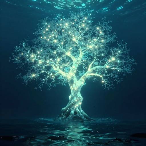 Digital artwork of a glowing, luminescent blue tree with star-like lights, set against a dark blue ocean background. Ethereal, magical atmosphere.