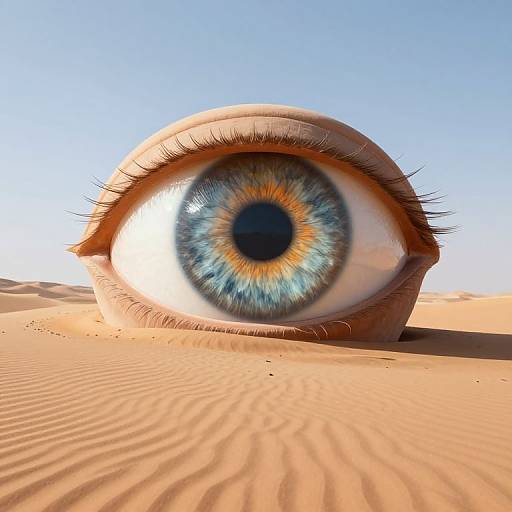 Photorealistic CGI: Giant blue and orange iris eye with long lashes, embedded in sandy desert, clear blue sky background.