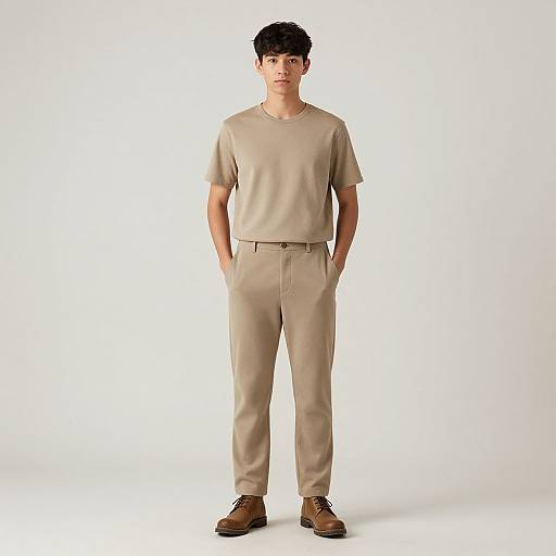 Photograph of a young man with short black hair, wearing a beige t-shirt and matching pants, standing with hands in pockets, brown shoes, and