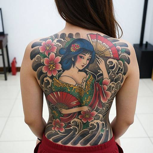 Photograph of a woman's back with intricate Japanese-style tattoo featuring a blue-haired geisha holding a red fan, surrounded by pink flowers and swirling waves