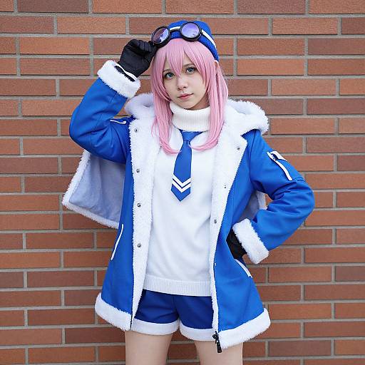 Cosplayer with pink hair, blue jacket, white shirt, blue tie, and shorts, standing against a brick wall, hand on head.