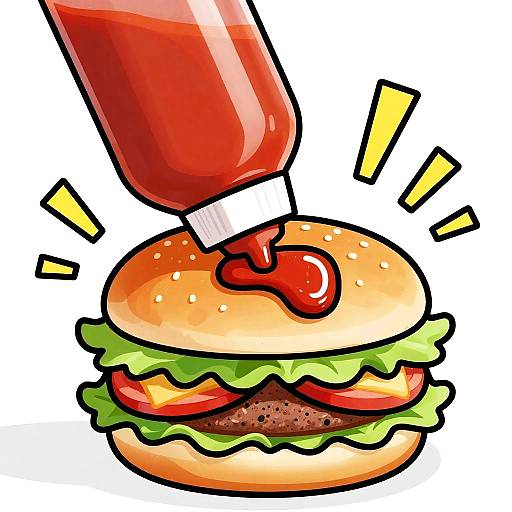 Cartoon Ketchup Squeezing on Burger