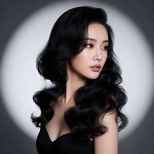 Photograph of a beautiful Asian woman with long, wavy black hair, wearing a black top, against a white circular spotlight background.