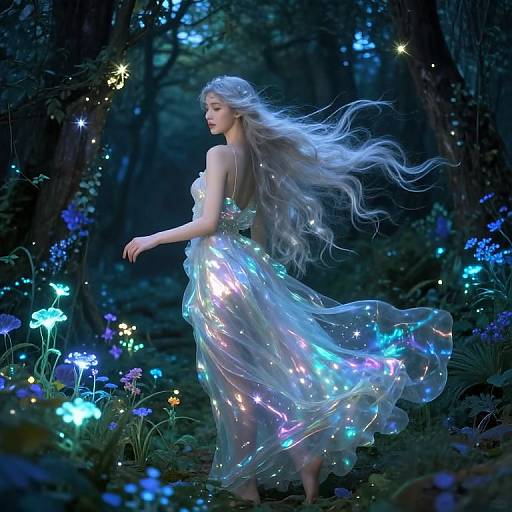 Digital fantasy artwork of a fair-haired woman in a glowing, iridescent dress, surrounded by bioluminescent flowers and stars in a dark,