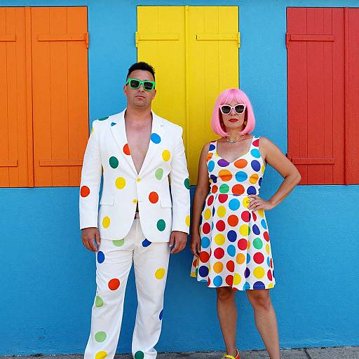 Photograph of a man and woman standing against a bright blue wall with orange and yellow shutters, wearing polka-dotted white outfits and pink and
