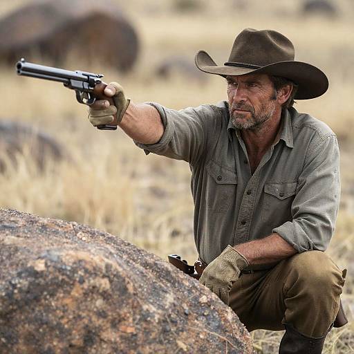 Intense Cowboy Crouching with Gun